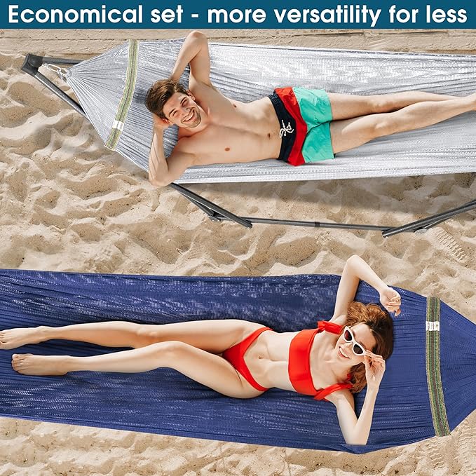 Tranquillo Combo x2 Hammocks with Stand for Outside &amp Tree Straps Heavy Duty Hammock with Stand 600lbs for Indoor Outdoor Patio Backyard x2 Hammocks for 2 Person Portable Carrying Bags Aegean