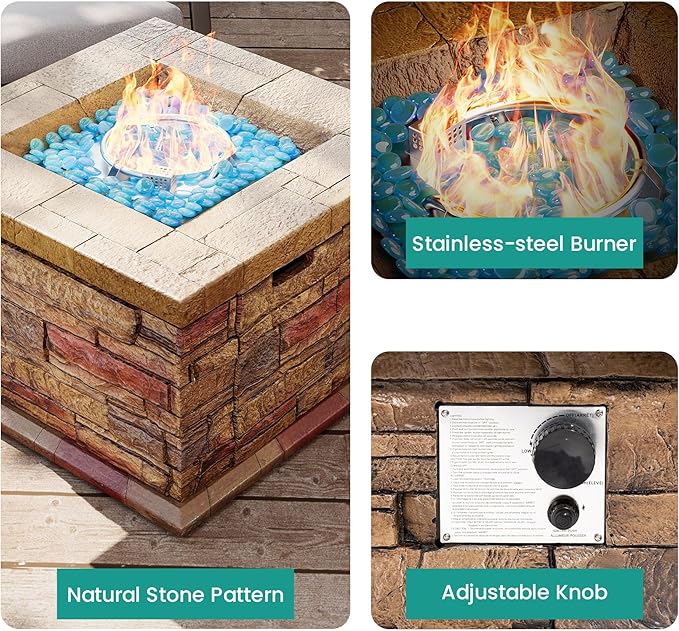 32 Outdoor Propane Fire Pit Square Stonecrest Gas Firepit for Outside Patio Concrete Propane Fire Table 50000 BTU Gas Fire Pits with Lava Rocks CSA Certified Blue Fire Glass