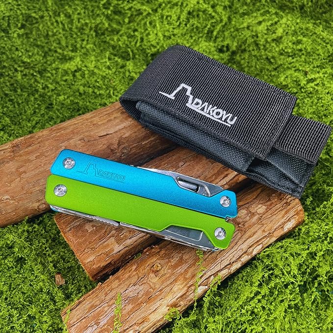 DKYoung™ Multi-Tool Aluminum Handles with Polished Stainless Steel Tools Blue/Green High-Viz Colors Pliers-Based Multitool with Carrying Sheath ¼ in. Hex Extension Camping Hiking Gift
