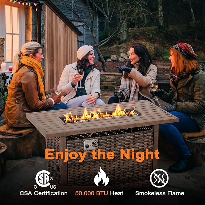 Nuu Garden 43” Propane Fire Pit CSA-Listed Rattan Outdoor Fire Pit Table 50000 BTU Smokeless Gas Fire Table with Lid and Glass Beads 2-in-1 Rectangular Fire Table for Outside Backyard Patio Brown