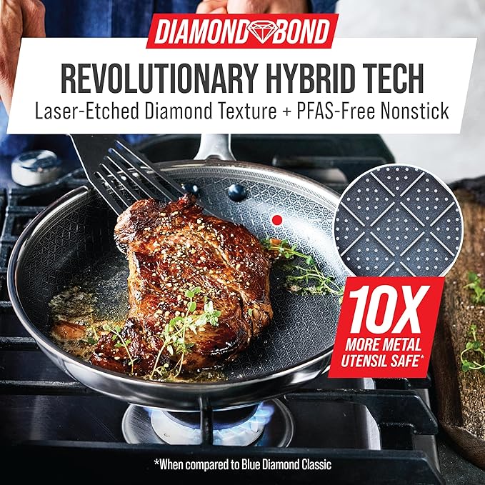 Blue Diamond Hybrid Nonstick Stainless Steel 10” Frying Pan PFAS-Free Ceramic Diamond Surface Skillet Diamond Bond Powerful Searing Dishwasher Safe Stay-Cool Handle Induction Ready All Cooktops
