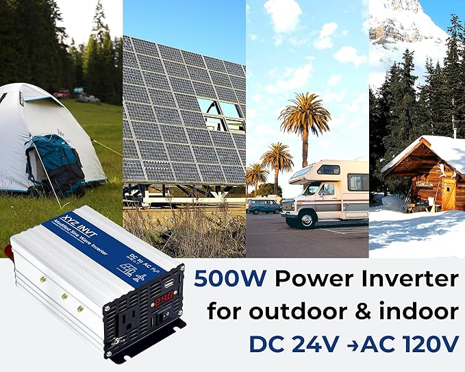 500W Power Inverter 24V DC to 110V 120V AC Modified Sine Wave Car Power Inverter with 1 AC Outlet &amp 1 USB Port &amp LED Display for Car RV Emergency Off-Grid Over 90% Efficiency