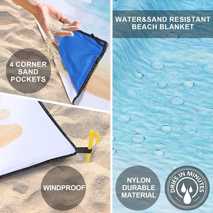 Beach Blanket Waterproof Sandproof Beach Mat 79 X 83/10'x9'for 2-8 Adults Quick Drying Outdoor Picnic Mat Beach Accessories for Travel Camping Hiking