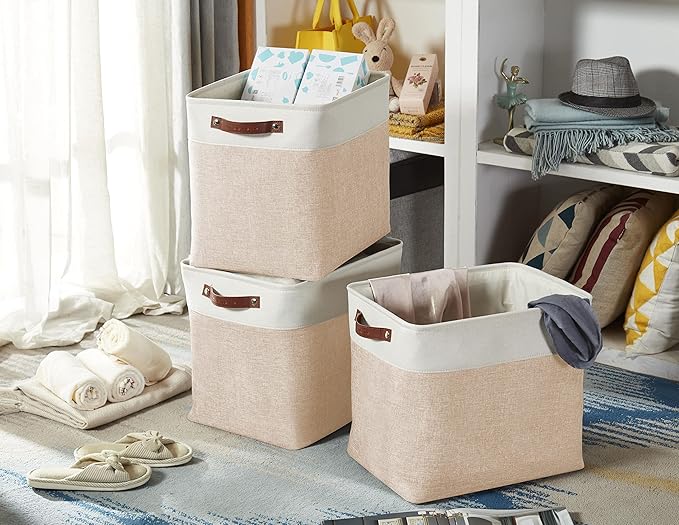 DECOMOMO Extra Large Storage Baskets 54.5L Fabric Storage Bins for Organizing Linen Closet Nursery (Khaki &amp White XXXL - 3 pack)