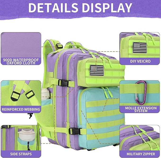 45L Tactical Military Backpack Assault Pack Dopamine Colorblock Molle 3-day Army Rucksack Men Women for Hiking Camping Climbing