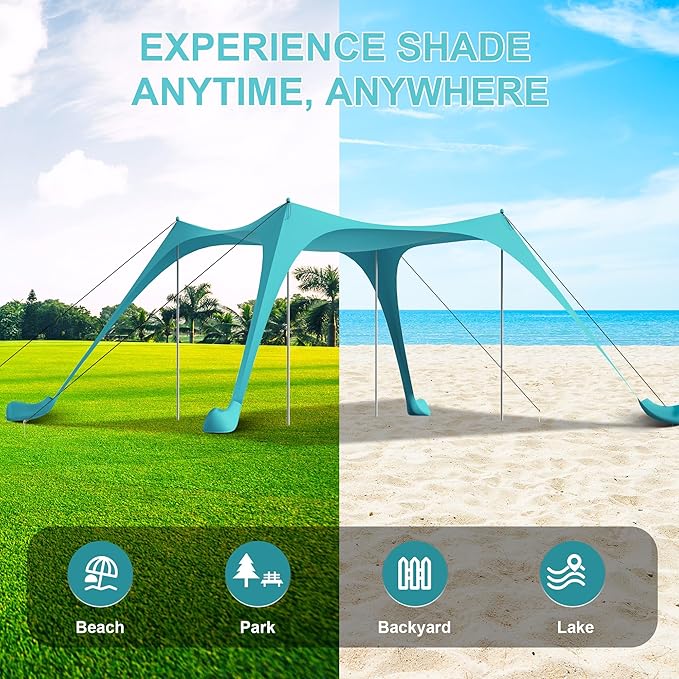 Beach Tent Sun Shelter UPF50+ with Sandbags Sand Shovel &amp Windproof Poles - Portable Pop Up Canopy for Beach Camping Picnics Backyard &amp Fishing (Cyan10x10FT)