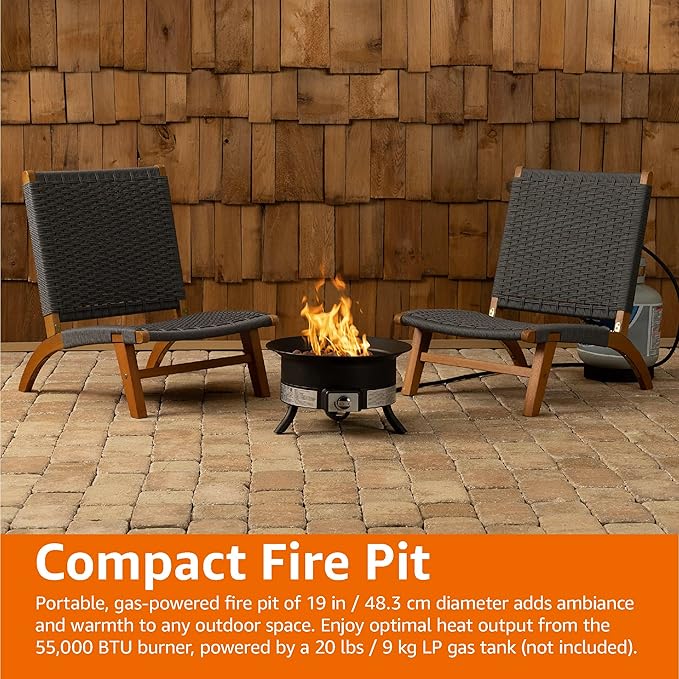Amazon Basics Portable Propane Fire Pit 19 inch Round Gas for Patio 55000 BTU Carry Strap Heat Warmth and Ambience
