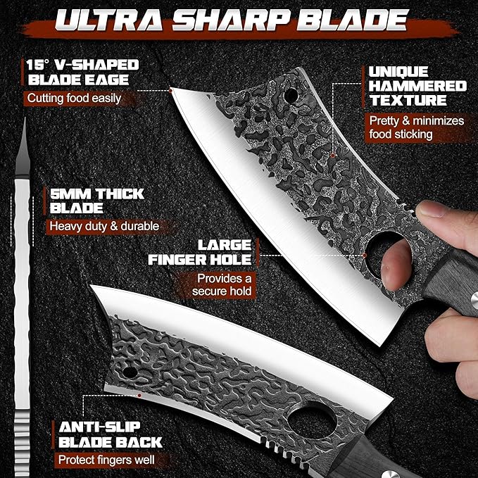 ROCOCO Meat Cleaver Butcher Knife - Sharp Full Tang Knife with Sheath for Home Outdoor BBQ Camping Mother Father Gift Idea Men Black 6.3