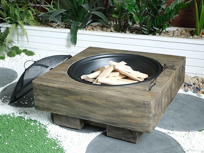 Outdoor Wood Burning Fire Pit with Wood Grain Design Magnesium Oxide Antique Dark Grey 27.4” x 24.4” x 18” for Garden and Patio