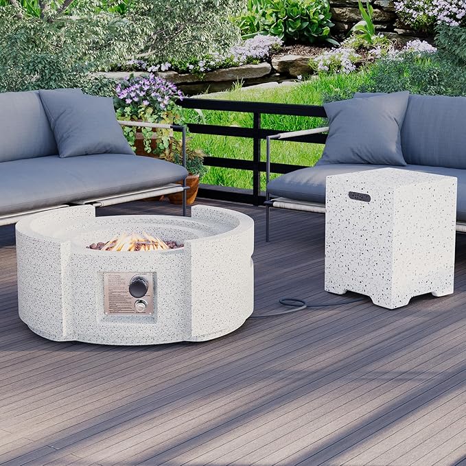 HOMPUS Round Propane Fire Pit Table w Free Lava Rocks &amp Rain Cover Terrazzo Colorful Pit Table for Patio Outside