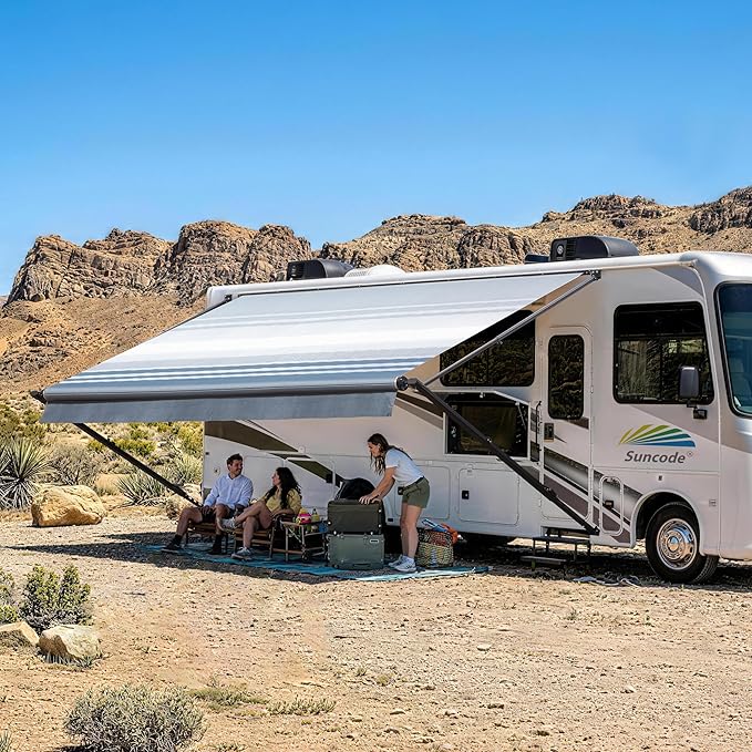 Suncode RV Awning for RVCamper&ampTravel Trailers–Manual RV Awning Complete KitManual Camper AwningRV Roll Out Awning– 11x8Ft – Black Frame &ampBlue Strip