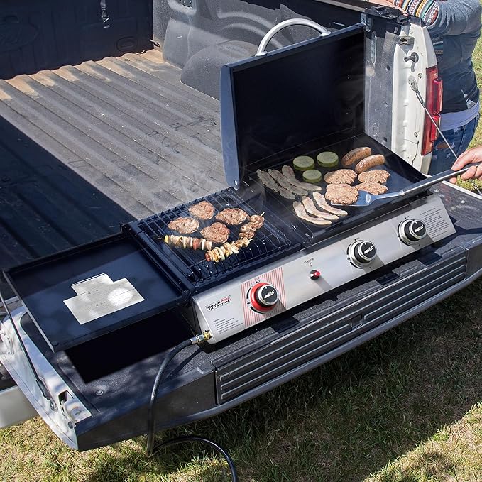 3-Burner Portable Propane Gas Griddle with Side Burner 3-in-1 Grill and Griddle Combo with Lid Outdoor Cooking 29000 BTU Silver PD1305H-SC