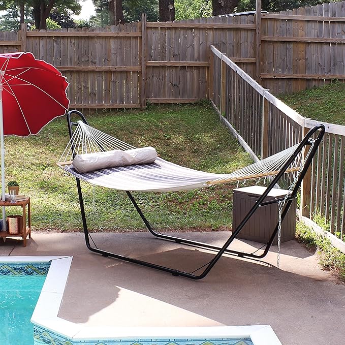 Sunnydaze Double Quilted Fabric Hammock with Universal Steel Stand - 450-Pound Capacity - Black Stand - Mountainside
