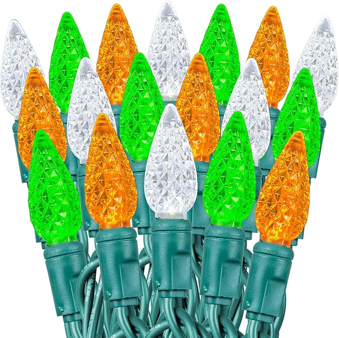 70 Light 24Ft St. Patrick’s Day Lights Commercial String Lights C6 LED Strawberry Faceted Bulb – Green/White/Orange Green Wire Indoor/Outdoor Full Wave No Flicker Connect 43 Sets