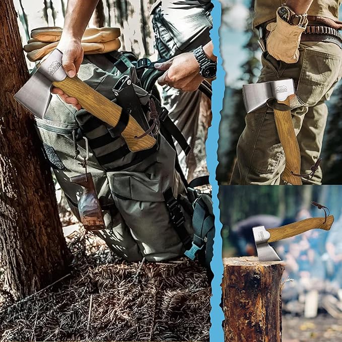 Prandi Segurin Carbon Steel Hatchet 0.88 lb - 11” Hickory Handle Camping Hatchet - Italian Crafted Bushcraft Tool for Outdoor Adventures