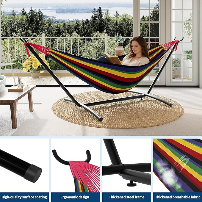 TrailBlaze Double Hammock with Heavy Duty Steel Stand – Portable &amp Space-Saving Comfortable Polyester Cotton 600 lbs Capacity for Indoor or Outdoor Use Carry Bag Included – Black Rainbow Strip