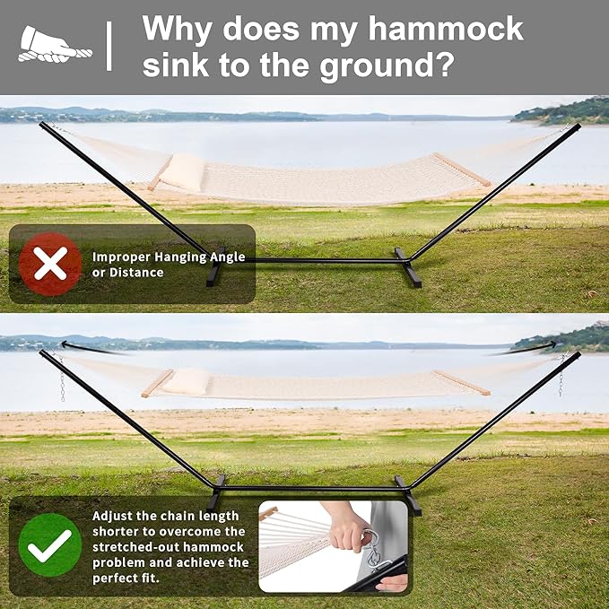 SUNCREAT Double Outdoor Hammock with Stand Included Portable Cotton Rope 2 Person Hammock for Outdoor Patio Garden Backyard Beige