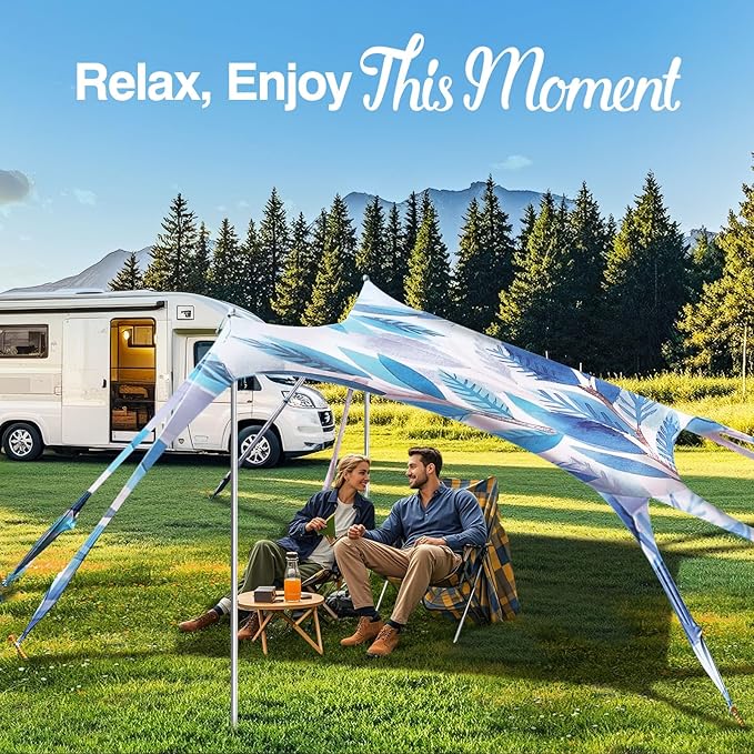 Rhino Valley Beach Tent Shade Canopy UPF50+ Protection 8 Sandbags 4 Stability Poles Outdoor Sun Shelter Umbrella for Sand Camping Fishing Essentials
