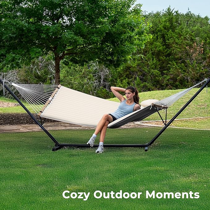 SUPERJARE Hammock with Stand 2 Person Quilted Outdoor Hammock Detachable Pillow &amp Bamboo Spreaders Portable Hammock with Carrying Bag Heavy Duty Stand Perfect for Outside Patio Cream Beige