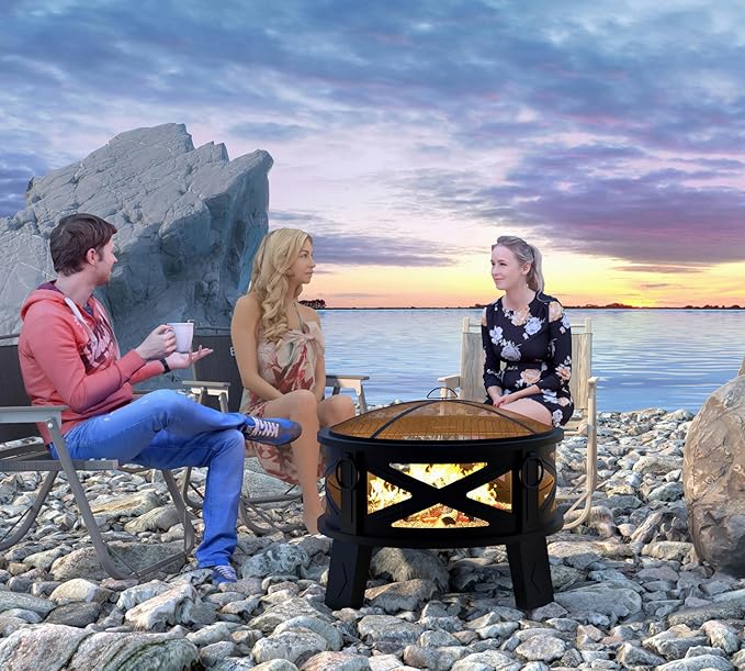 Fire Beauty 26Steel Fire Pit with Grill Grate&ampSpark Screen360° Airflow Boost TechnologyLess SmokeLarger FlamesHeavy-Duty Portable Camping Fire Pit for BackyardBeachRV (22lbs4 HandlesDual-