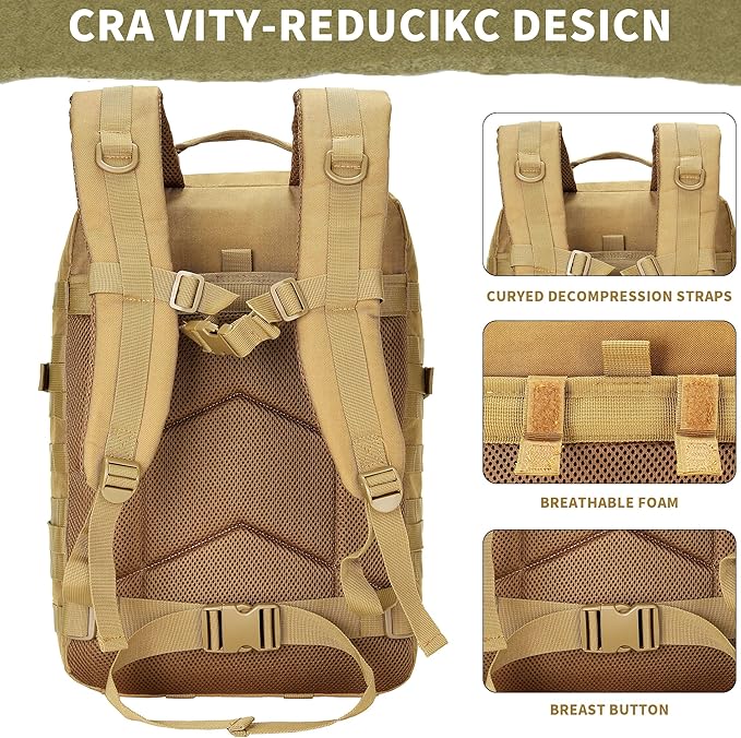 45L Military Tactical Backpacks 3 Days Assault Pack Bag Fitness Rucksack 3 Day Bug Out Bag Hiking Treeking Molle Daypack (Khaki)