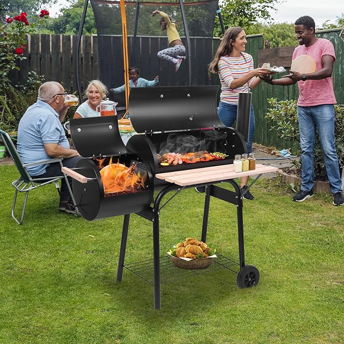 BBQ Charcoal GrillOutdoor Patio Barbecue Cooker with Offset SmokerTray &amp WheelsBarrel BBQ Grill for Outdoor Balcony PicnicsParty and Camping