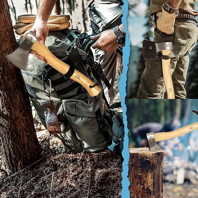 Prandi German Style Camping Hatchet - 1.32lb C43/C45 Carbon Steel Axe with 14” Hickory Handle - Professional Bushcraft Tool for Firewood Splitting &amp Carving