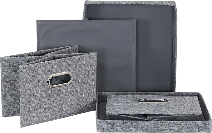 Household Essentials Collapsible Cotton Blend Storage Box with Lid and Metal Grommet Handle Set of 2 Grey