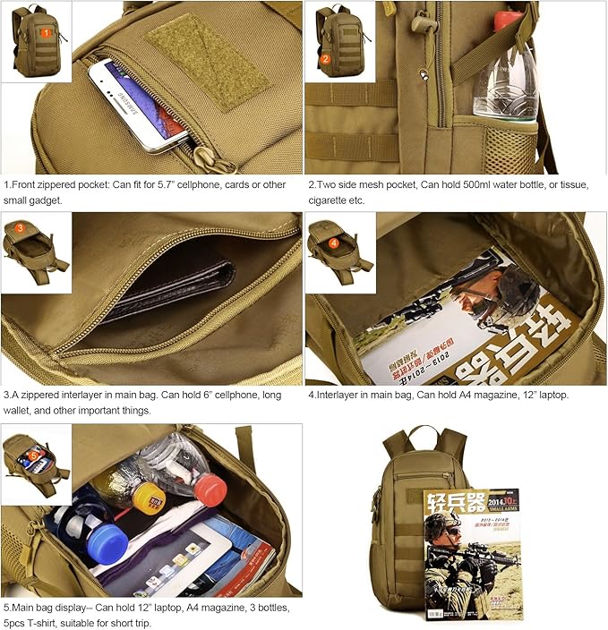 HUNTVP 10L Tactical Backpack Small Backpack Mini Daypack Military MOLLE Rucksack Gear Tactical Assault Pack Bag for Hunting Camping Trekking(10L-ACU Camouflage)