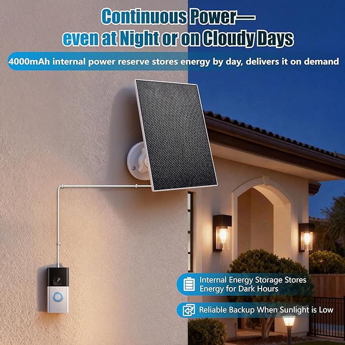 Solar Charger for Ring Doorbell with Built-in Energy Storage – Solar Panel Compatible with Ring Battery Doorbell Plus/Pro and Video Doorbell 3/3 Plus/4 Weatherproof Continuous Charging
