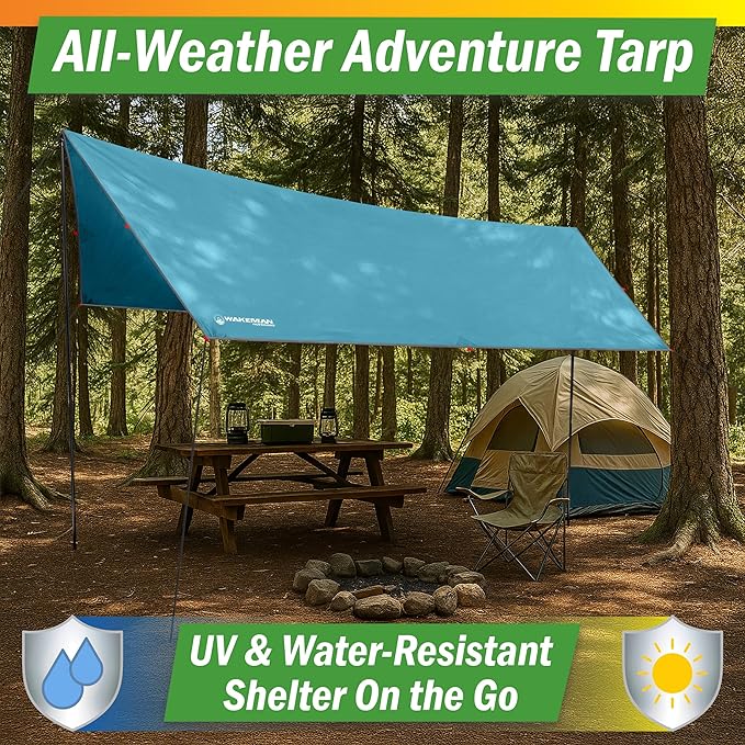 Portable Camping Tarp with Poles - Blue