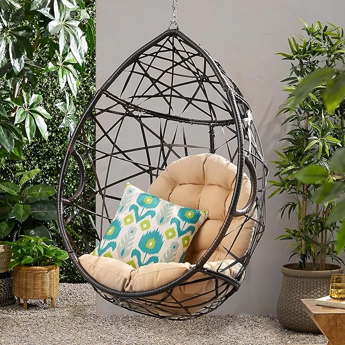 Christopher Knight Home Isaiah Indoor/Outdoor Wicker Tear Drop Hanging Chair (Stand Not Included) Multi-Brown and Tan