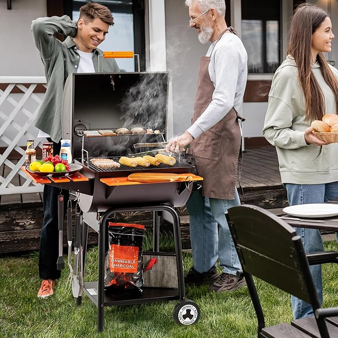 Royal Gourmet CC2024 24 Inch Charcoal Barrel Grill with Warming Rack Outdoor BBQ Grill with Wooden Front and Side Shelves for Backyard Patio and Parties Black