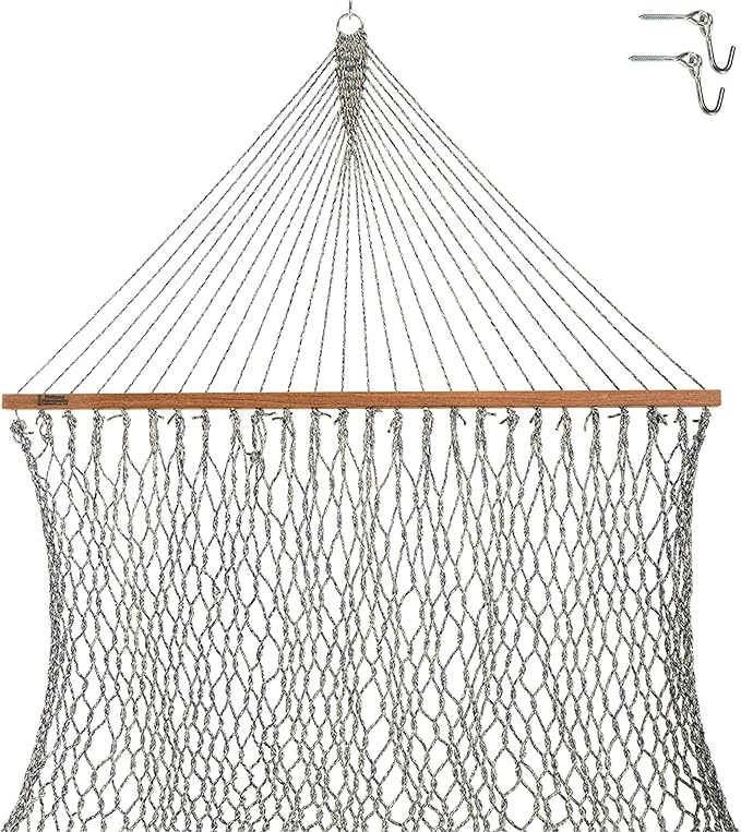 Hatteras Hammocks Small Navy Oatmeal Heirloom Tweed DuraCord Rope Hammock – 11 ft. x 45 in. 450 lb Capacity Cumaru Spreader Bar Zinc-Plated Hardware Handcrafted in The USA
