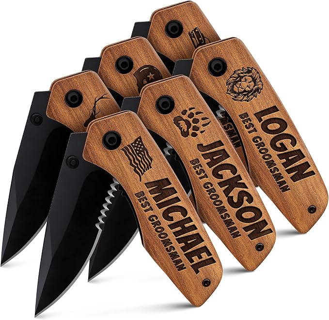Personalized Pocket Knife for Groomsmen - Custom Folding Knives Set of 6 pcs - Engraved Gifts for Men and Women - Gift for Groomsman Wedding Party Best Man Proposal Gift for Bride Maid 6611 PS