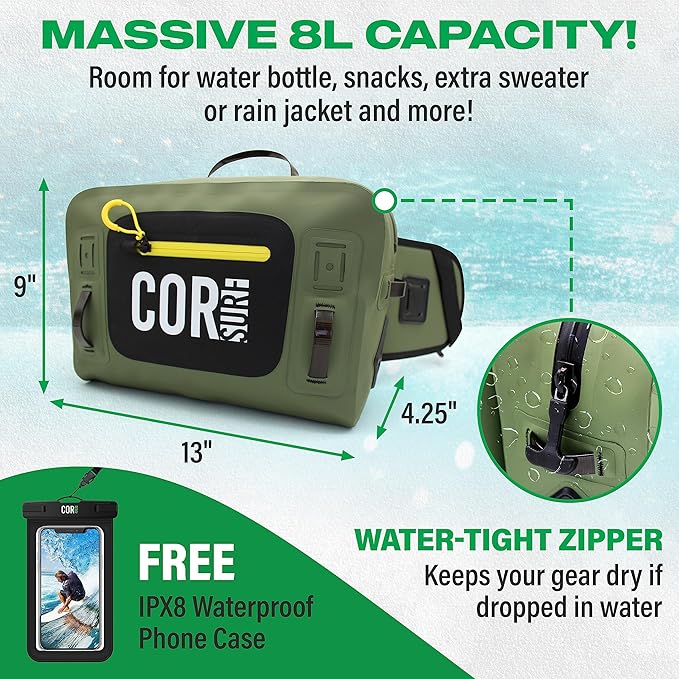 Waterproof Hip Pack | 8L Submersible Lumbar Fishing Waist Pack with Airtight Zipper | Perfect for Fly Fishing Boating Camping Hiking or Paddleboarding | includes free IPX8 Waterproof Phone Case