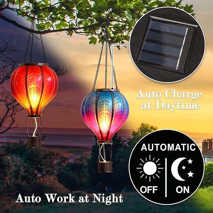 TERESA'S COLLECTIONS 2 Pcs Hot Air Balloon Solar Lantern Outdoor Garden Decor Waterproof Hanging Solar Lantern with Flickering Flame Light for Yard TreeGift for Mom Lovers18