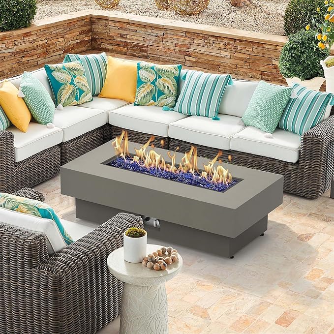 Outdoor Low Profile Fire Table 48-inch Rectangle Propane Gas Fire Pit Table 50000 BTU Modern Firepit w/Lid Glass Rocks Cover Pre-Attached 10ft Propane Hose Flint Gray
