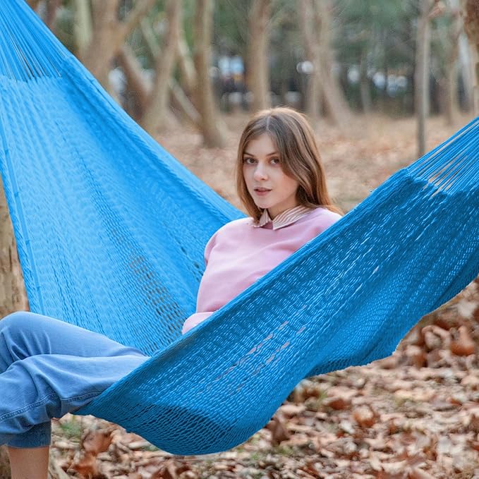 PNAEUT Handwoven Mayan Hammock Thick Soft Rope Double Hammock for Outdoor Outside &amp Indoor 600 lbs Capacity Heavy-Duty Includes Tree Straps Carabiners &amp Carrying Bag (Glacial Lake Blue X-