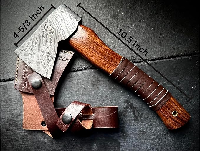 Damascus Steel Camping Hatchet Axe Tool Wood Splitting - Small Chopping Axe Hatchet with Sheath - Bushcraft Axe Camp Backpacking Hatchet - Forged Hand Axe Firewood Gardening Axes for Survival