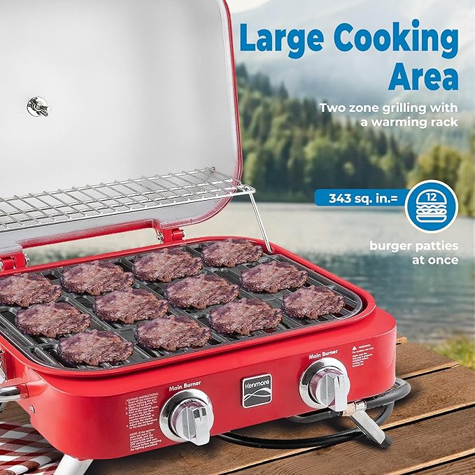 Kenmore Portable Propane Gas Grill - Tabletop BBQ Grill with Warming Rack 2 Stainless Steel Burners with 14000 BTUs for Outdoor Kitchen Camping Red