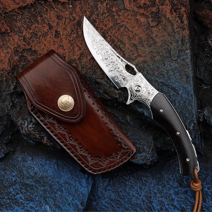 3.5 inch Japanese VG10 Damascus Steel Outdoor Folding Knife with Black Wood Handle Lined Lock EDC &amp Camping Use