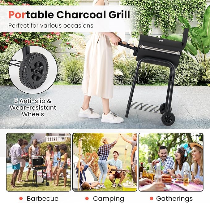 Happygrill Barrel Charcoal Grill Outdoor BBQ Smoker Grill w/Foldable Side Table Built-in Thermometer Storage Shelf Adjustable Air Vent Portable Barbecue Grills w/Wheels for Camping &amp Picnic