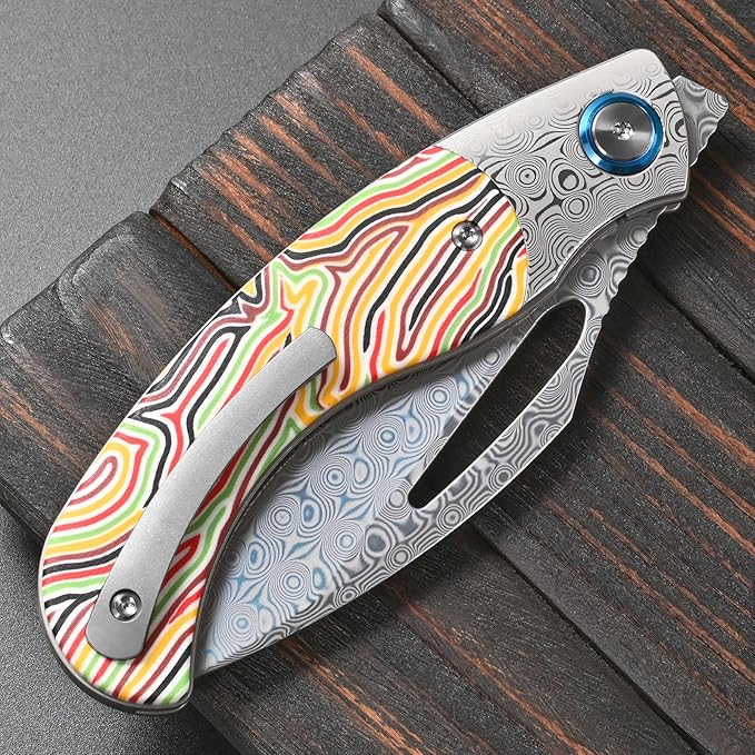 Sitivien ST270 Folding Knife Damascus Steel Blade Colorful G10 &amp Damascus Handle with Ball Bearing for Men Women Outdoor Camping Hiking Fishing(Yellow)