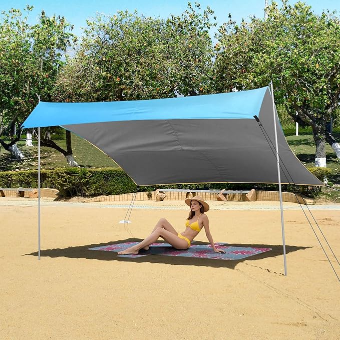 Beach Beach Canopy Sun Shelter with Sandbags &amp Sand Shovel &amp Windproof Ropes - Portable 110x126 Beach Shade Beach Tent for Camping Picnics