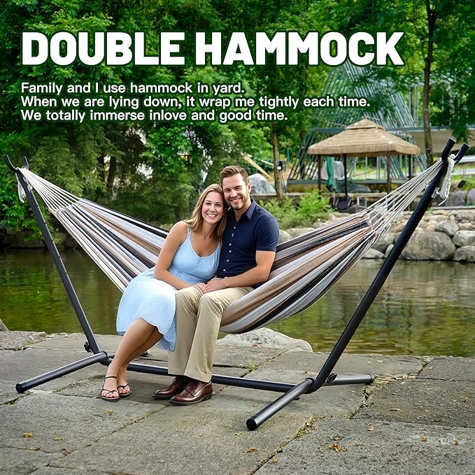 Hammock with Heavy-Duty Steel Stand for OutsideHammocks 450 Lb CapacityPortable Hammock2 People Standing HammocksSuitable for BeachBackyard Gardens Patio Bedroom100 * 40 * 38 Inch (Coffee)