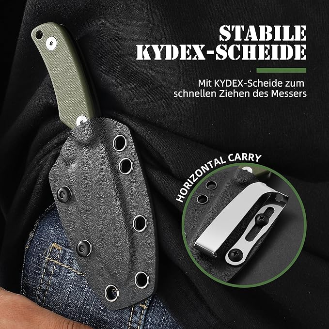 Omesio Neck Knife with Clip 5.9 Fixed Blade With Kydex Sheath and Necklance Nessmuk Blade Small Full Tang Tactical D2 Steel G10 Handle for EDC Outdoor Survival