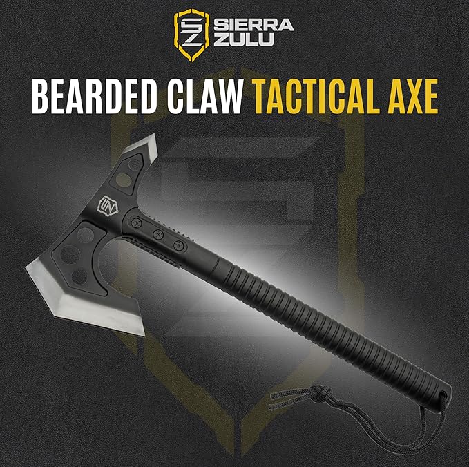 Sierra Zulu Camping Axe - Tactical Survival Hatchet with Bearded Axe Head Nylon Sheath &amp Glass Fiber Handle - Full Tang Outdoor Bushcraft Tool for Camping Hiking and Chopping Tasks