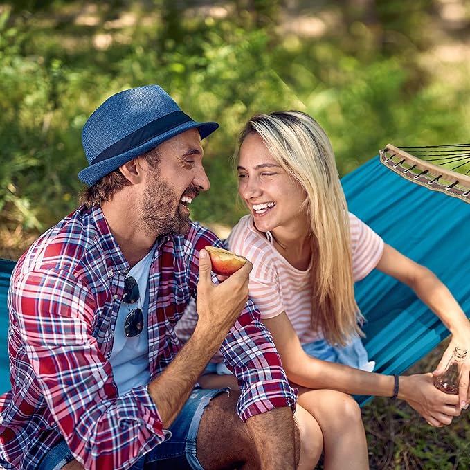 Tranquillo Double Hammock 2 Persons Cotton Canvas 600 lbs Portable Camping Hammock with Solid Wood Spreader Bar Hammock for Camping Portable Relaxation Gear for Camping Patio Garden Blue