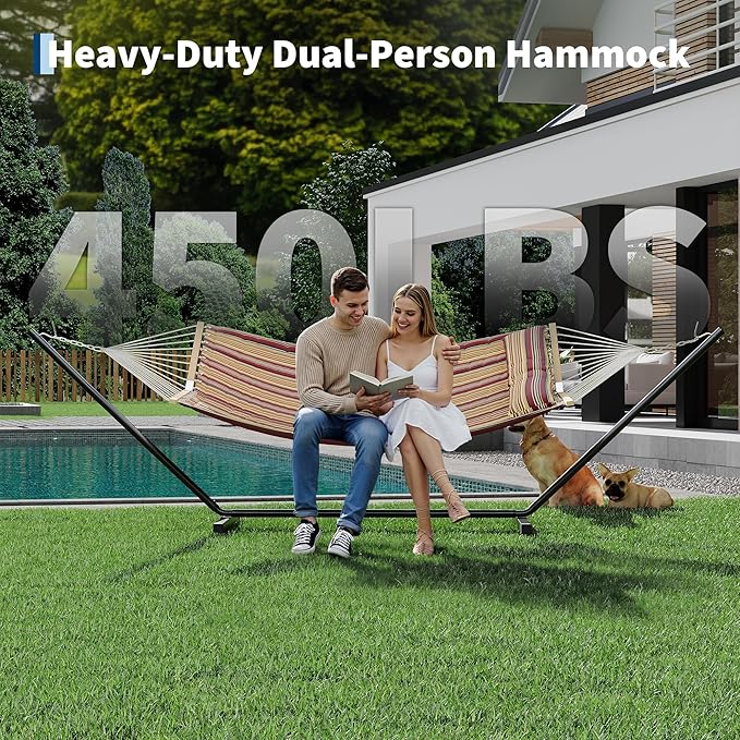 GarveeHome Portable 2 Person Double Hammock with Sturdy Heavy-Duty Steel Stand – 450LBS Max Load Quick &amp Effortless Assembly Perfect for Indoor Living Yard Patio &amp Camping Trips